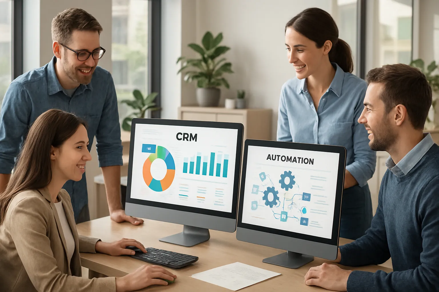 KOBİ yazılım ile CRM entegrasyonu çözümlerini temsil eden ofis ve dijital dönüşüm ortamı