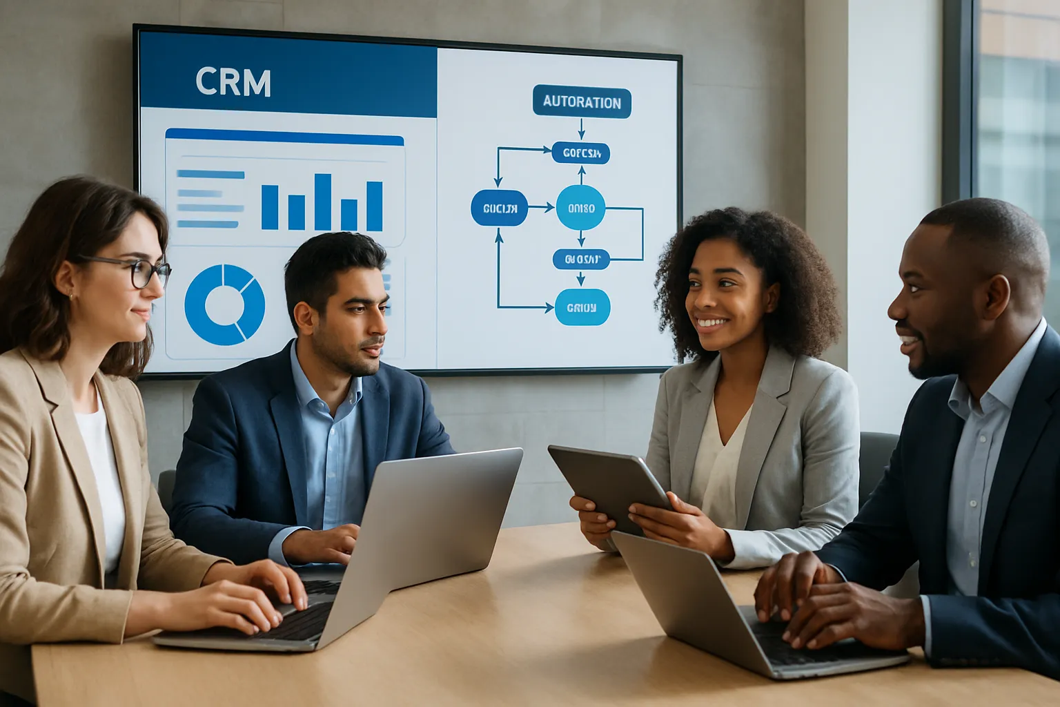 Satış ekibi crm entegrasyonu ve otomasyonunu kullanan bir ekip toplantı ortamı