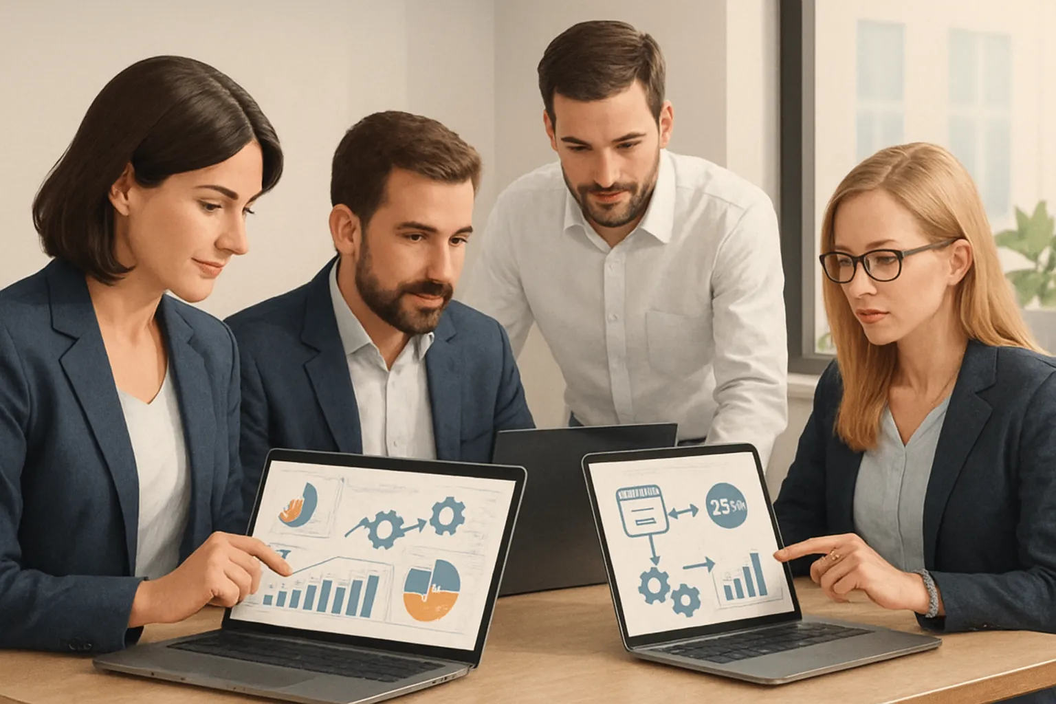 Web sitesi crm entegrasyonu otomasyonunu gösteren modern ofis ortamlı iş ekibi